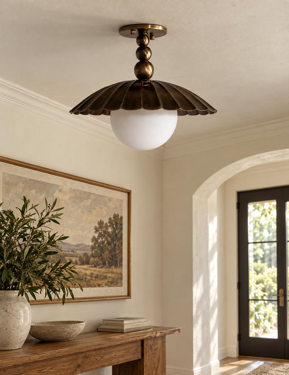 Scalloped Brass Semi Flush Mount With Milk Glass Globe