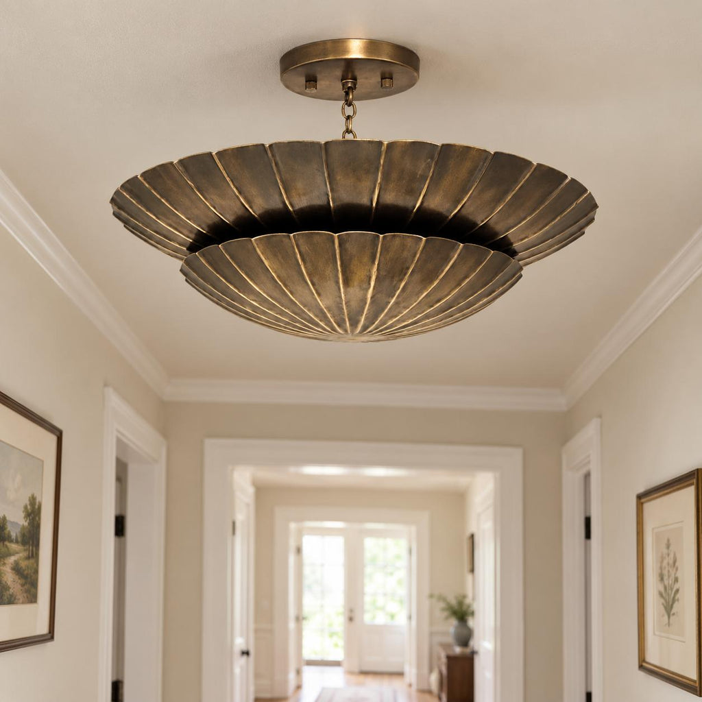 Antique Brass Double Scallop Semi Flush Mount Ceiling Light