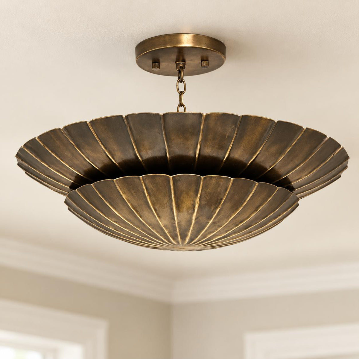 Antique Brass Double Scallop Semi Flush Mount Ceiling Light