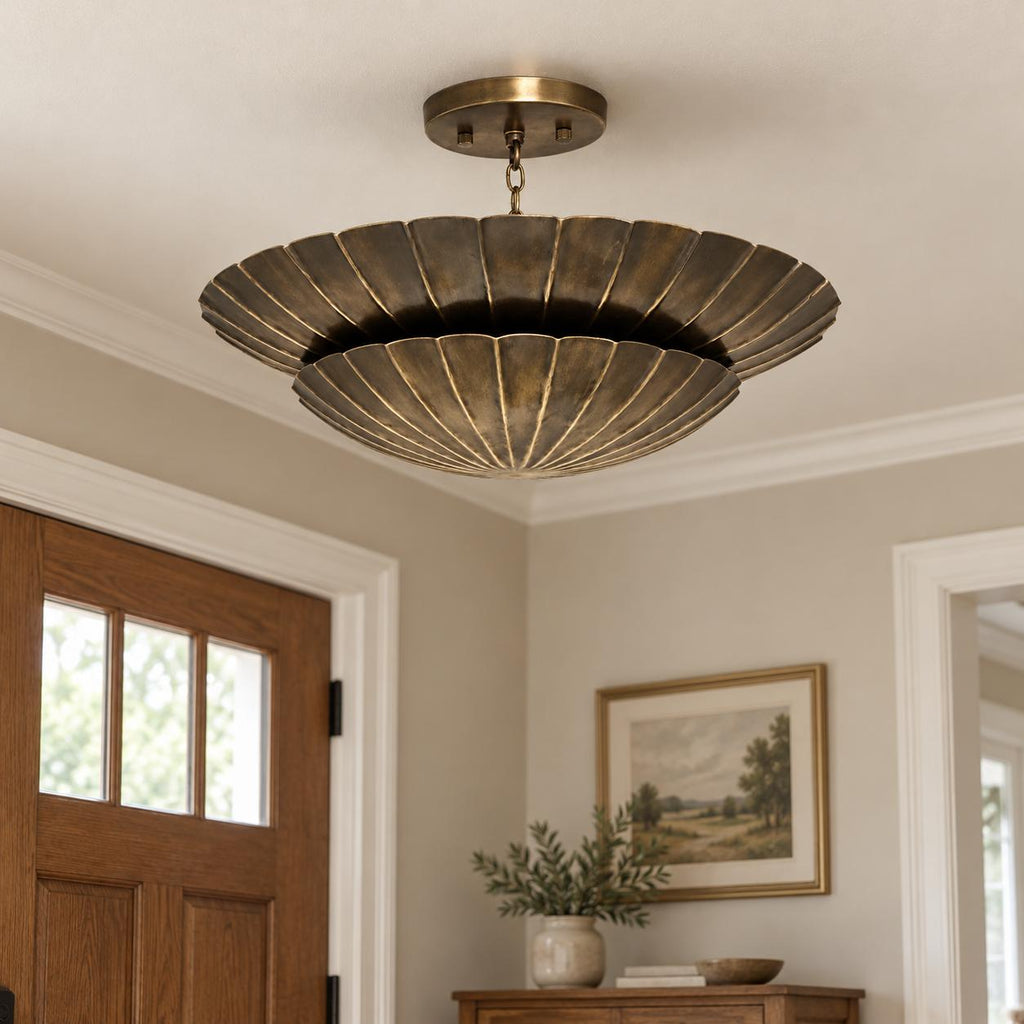 Antique Brass Double Scallop Semi Flush Mount Ceiling Light