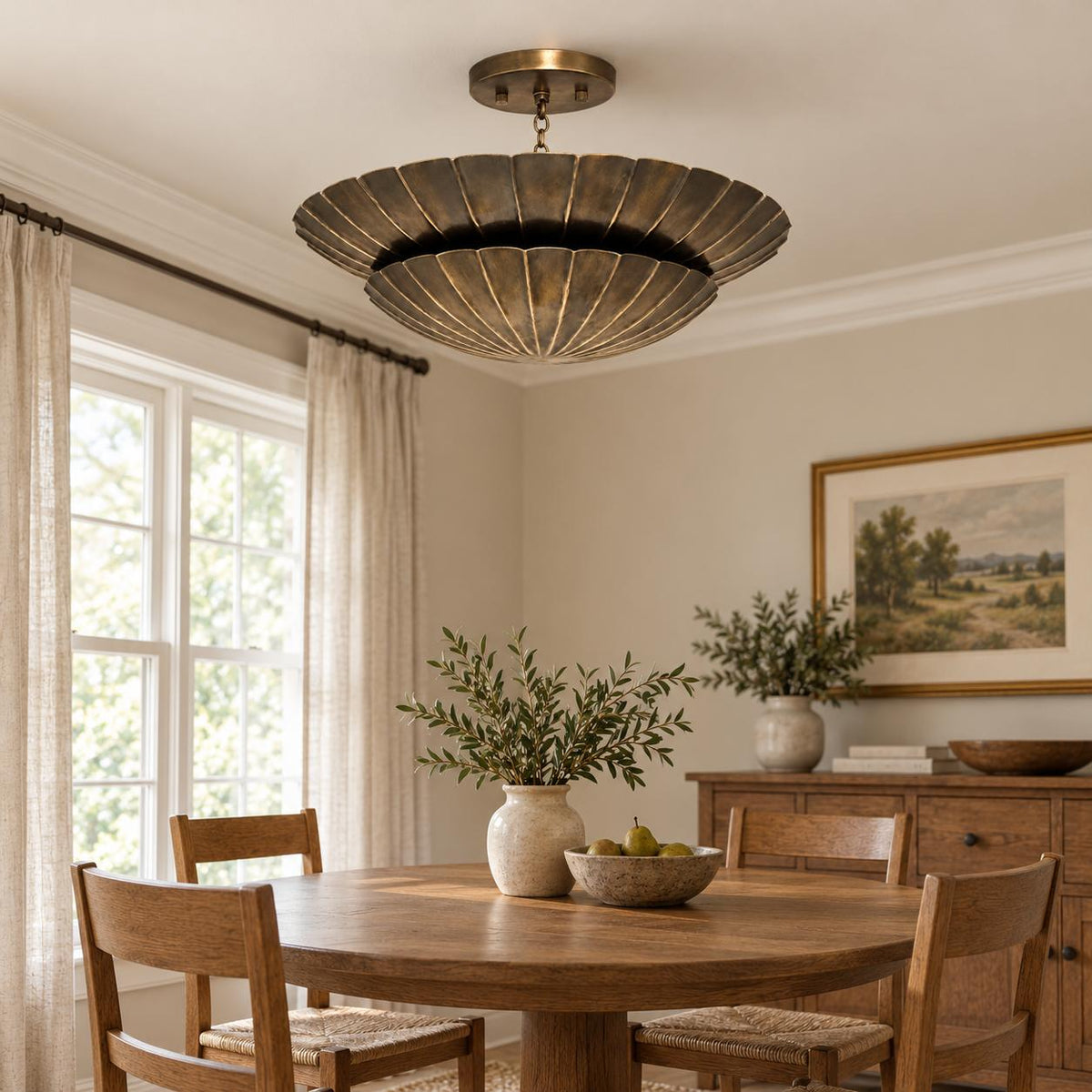 Antique Brass Double Scallop Semi Flush Mount Ceiling Light