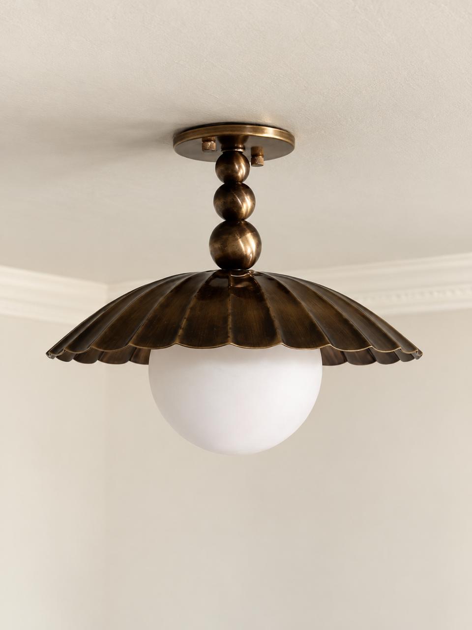 Scalloped Brass Semi Flush Mount With Milk Glass Globe