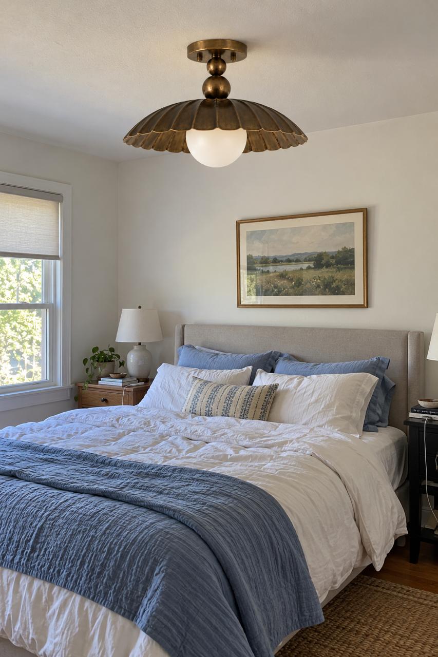 Scalloped Brass Semi Flush Mount With Milk Glass Globe