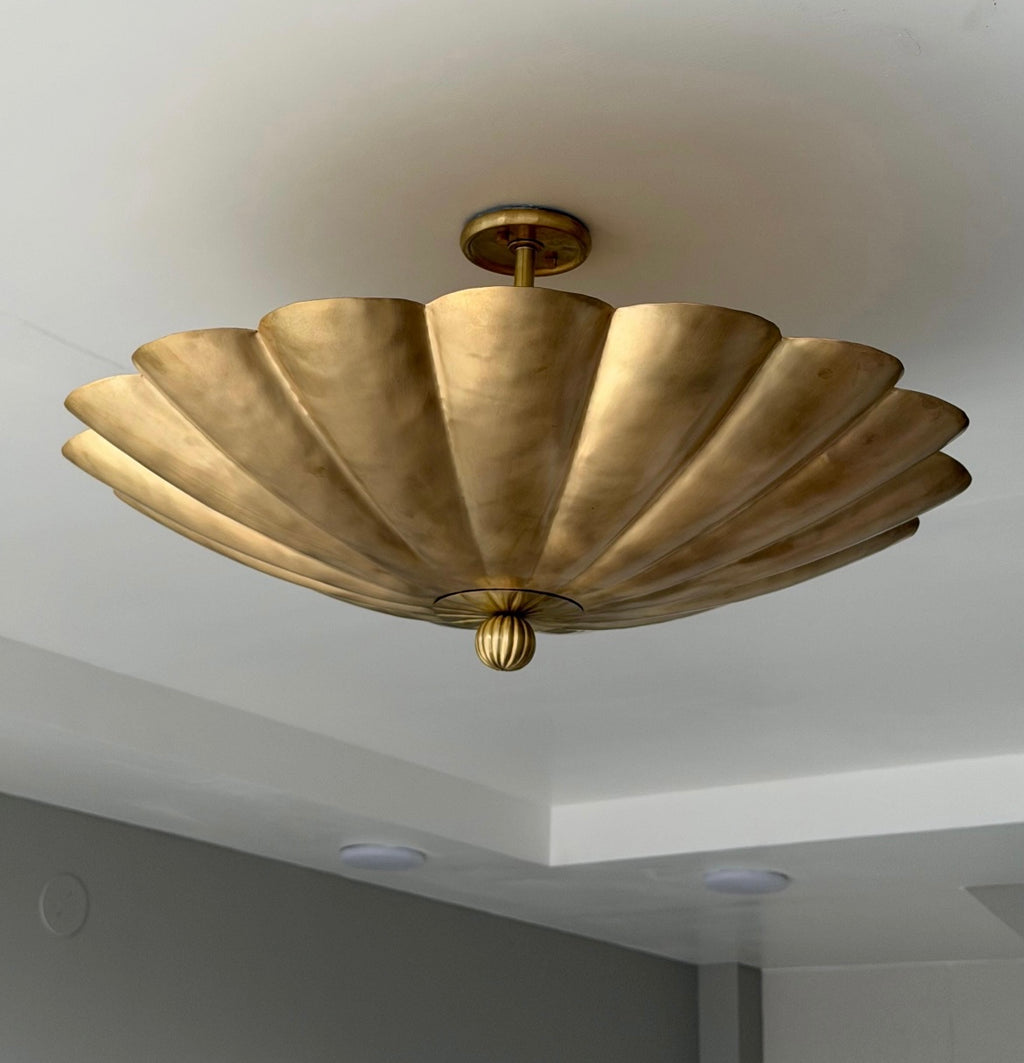 Brushed brass scalloped semi-flush ceiling light