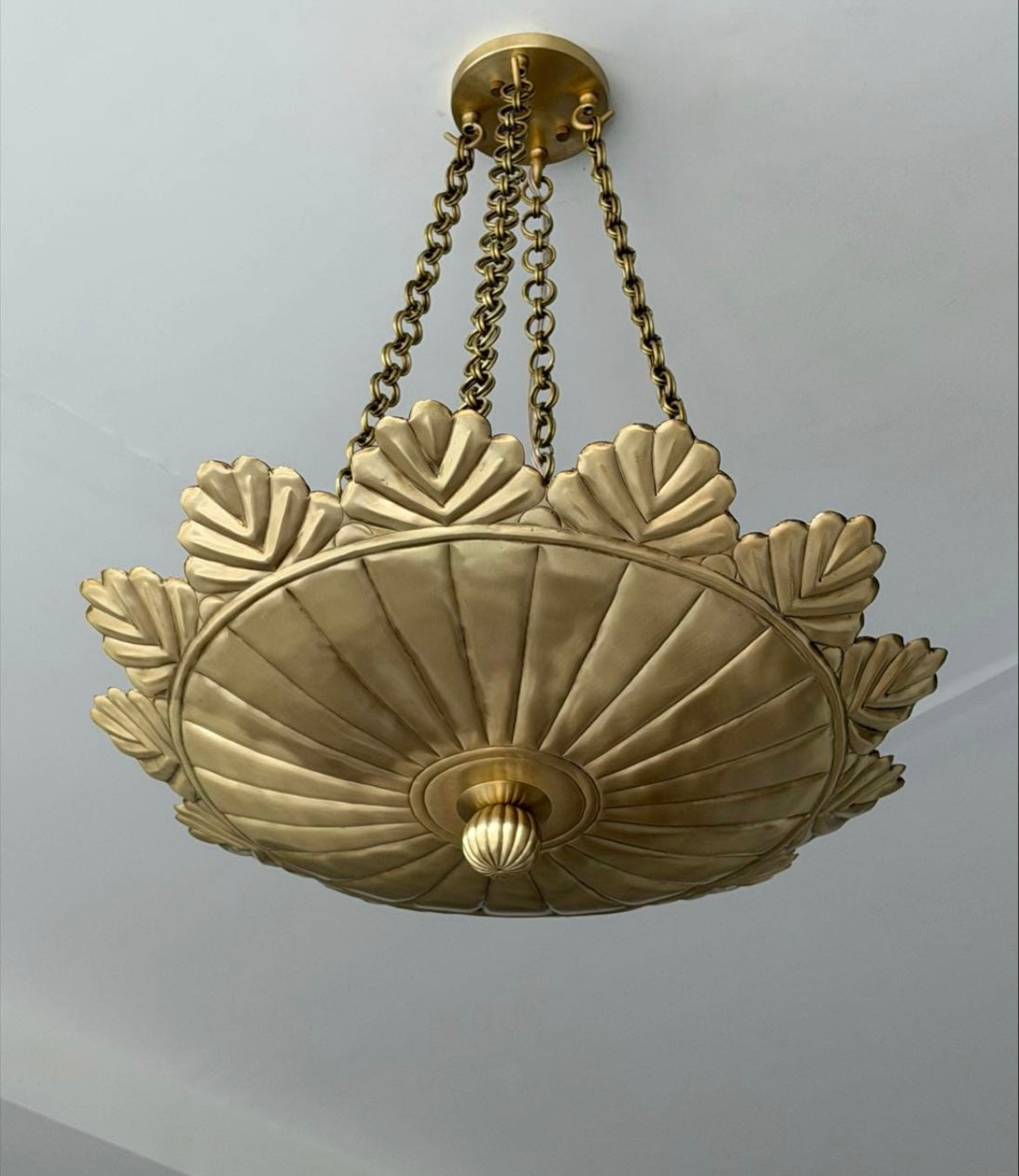 Brushed brass scallop pendant light with leaf detailing