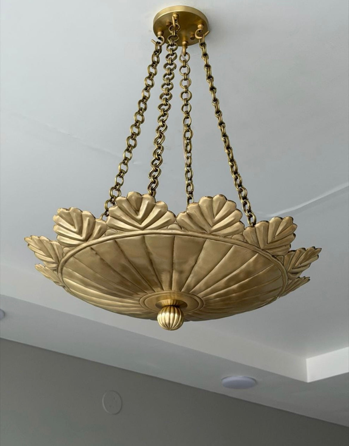 Brushed brass scallop pendant light side view