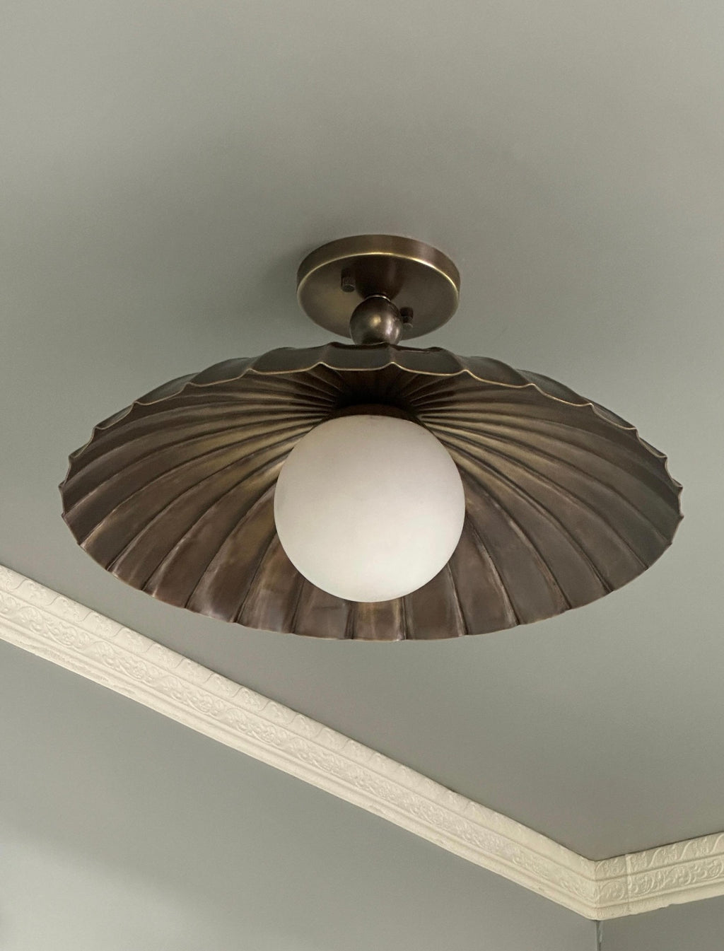 Aurelia Scalloped Brass Flush Mount Light with Milk Glass Globe