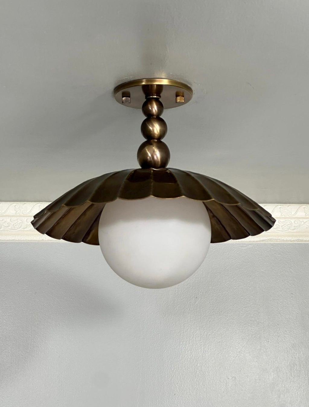 Scalloped Brass Semi Flush Mount With Milk Glass Globe
