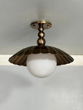 Scalloped Brass Semi Flush Mount With Milk Glass Globe