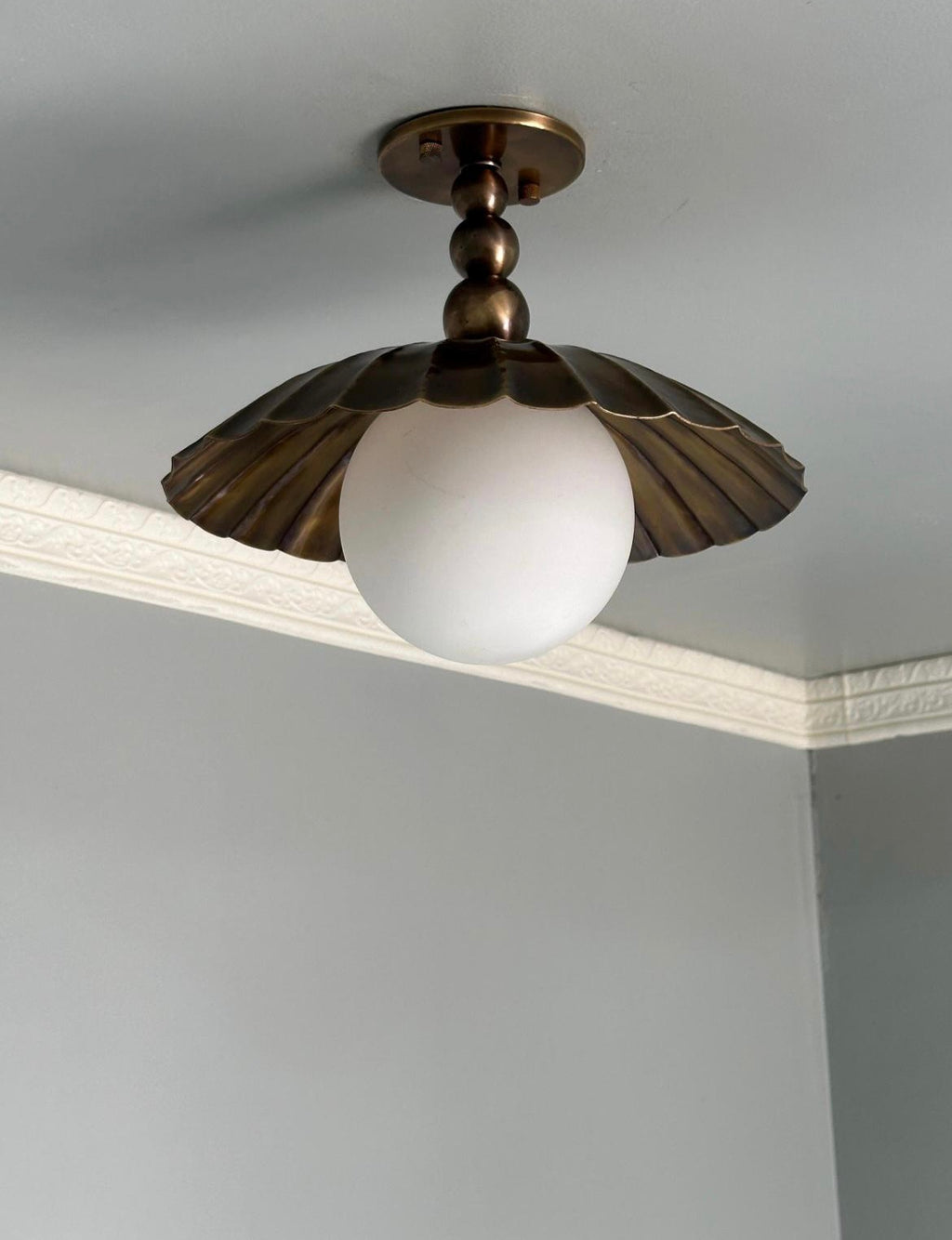 Scalloped Brass Semi Flush Mount With Milk Glass Globe
