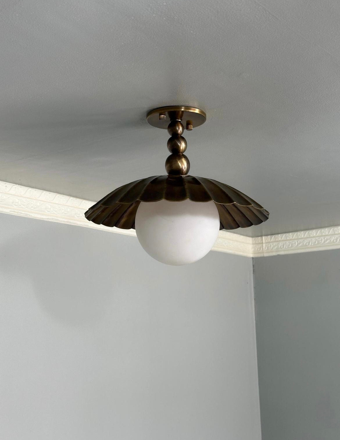 Scalloped Brass Semi Flush Mount With Milk Glass Globe