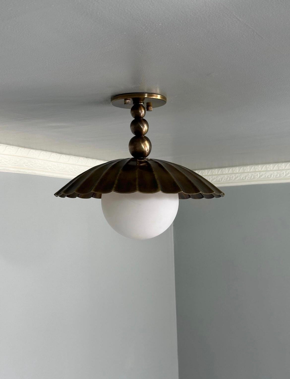Scalloped Brass Semi Flush Mount With Milk Glass Globe