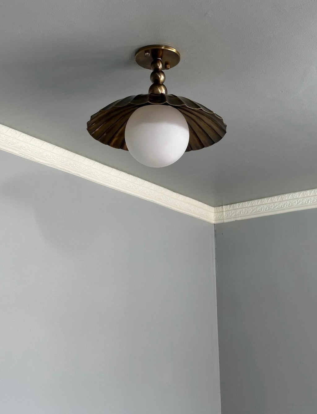 Scalloped Brass Semi Flush Mount With Milk Glass Globe