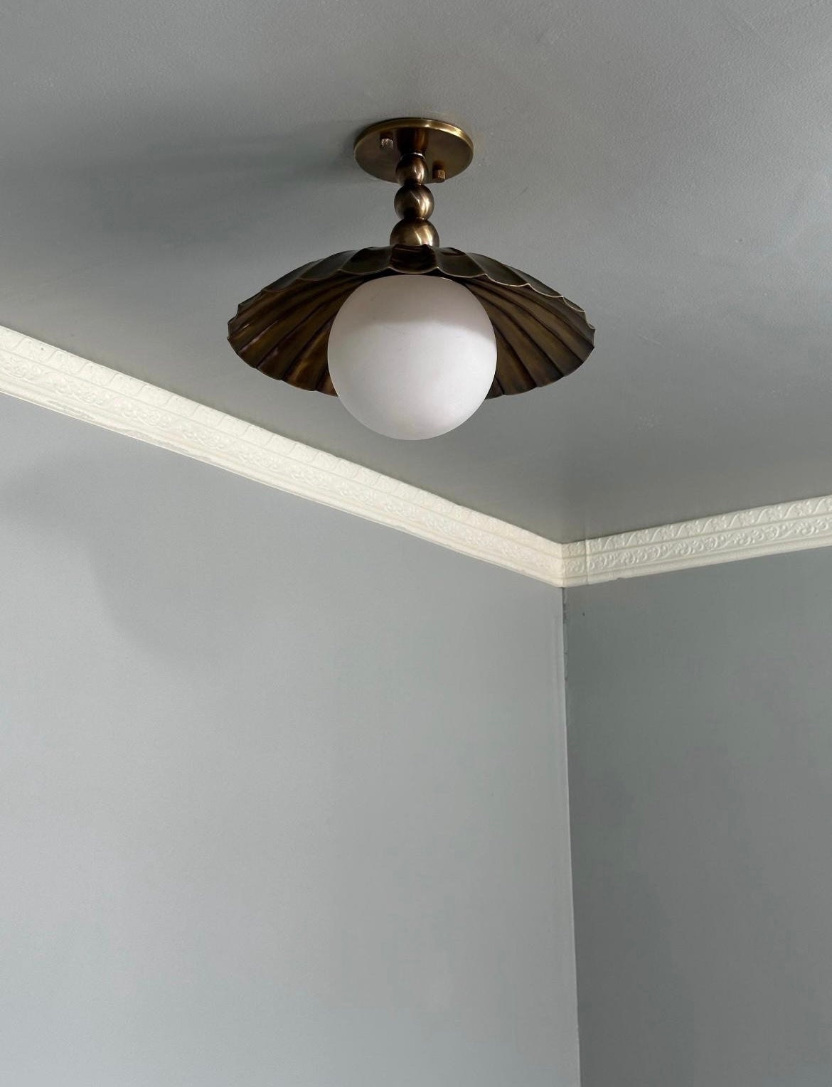 Scalloped Brass Semi Flush Mount With Milk Glass Globe