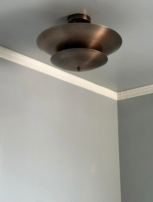 Antique brass double dome ceiling light side view