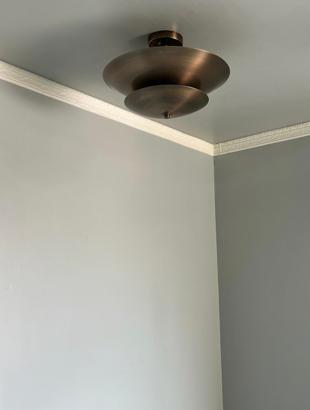 Handcrafted antique brass double dome ceiling light detail