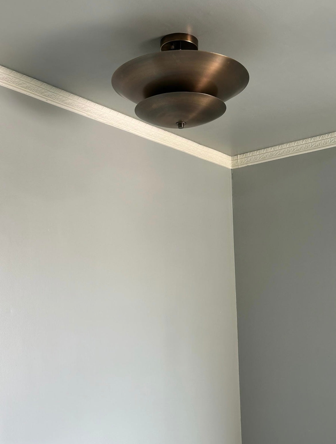 Handcrafted antique brass double dome ceiling light detail