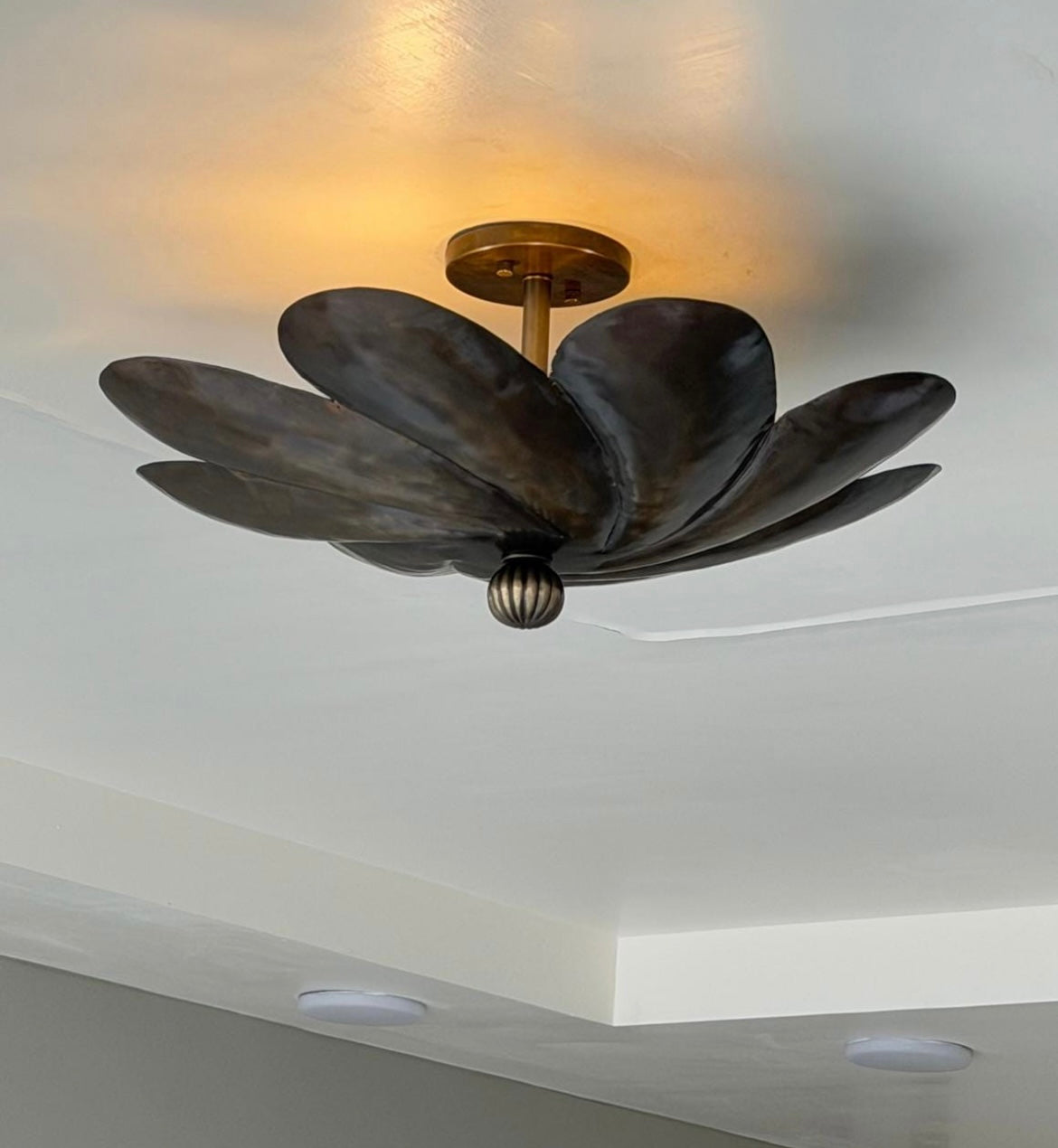 A semi-flush mount ceiling light fixture with a flower-like design, featuring dark metallic petals and a brass-colored central canopy and stem, mounted on a white ceiling.
