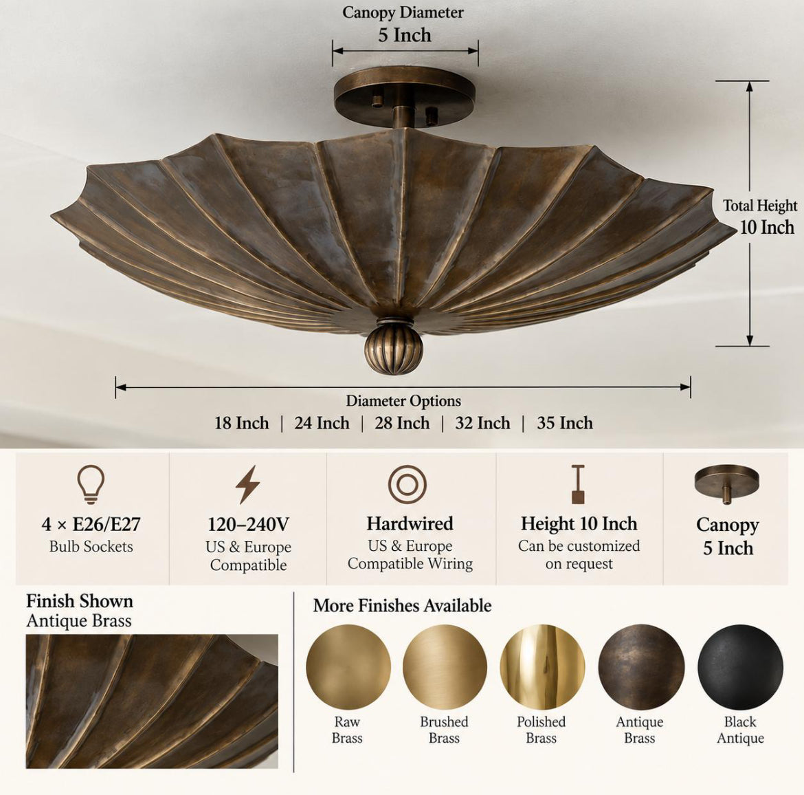 Fluted brass ceiling light with wide petal shade