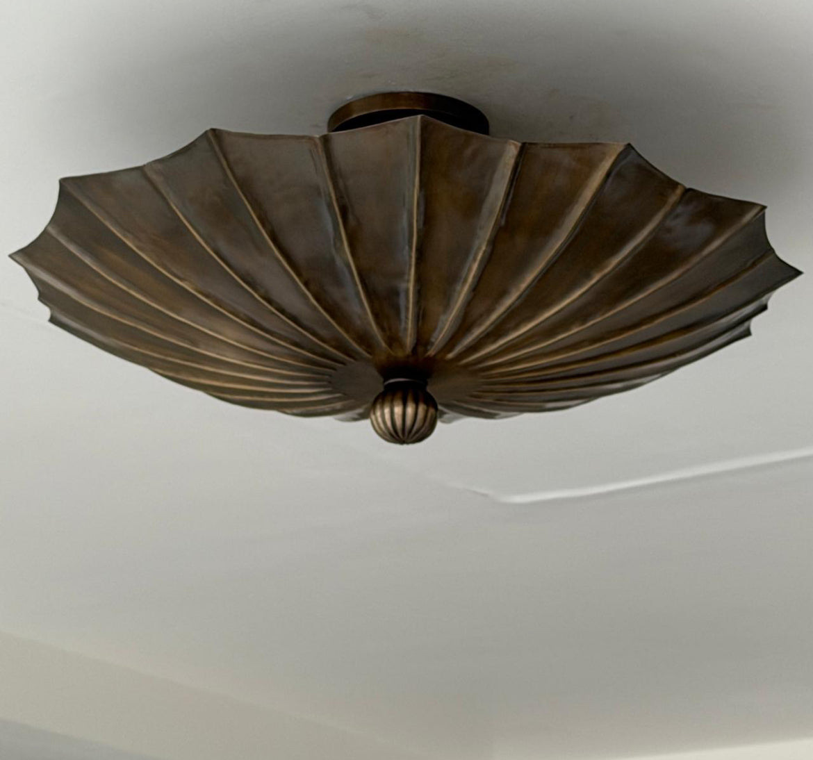 Antique brass semi flush mount ceiling light side view