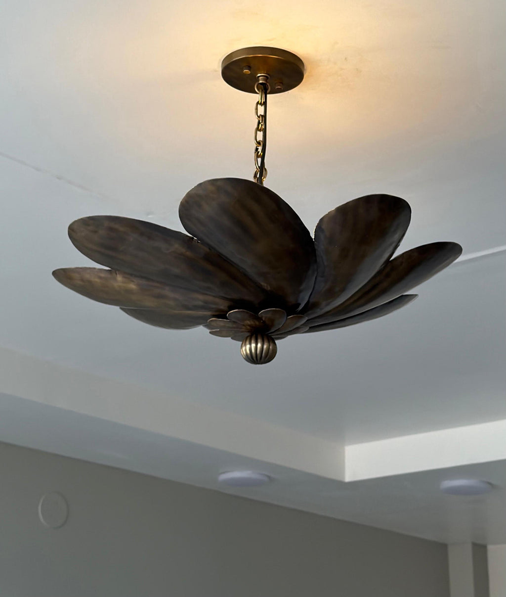 Antique brass flower chandelier with sculptural petal design
