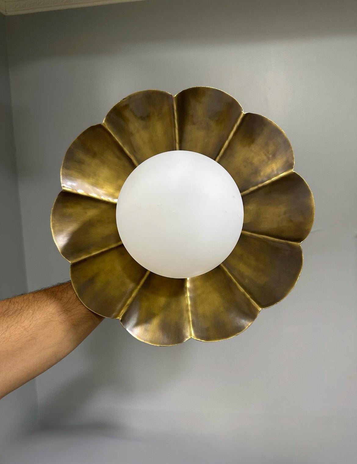 Handcrafted pure brass scalloped ceiling light with milk glass globe