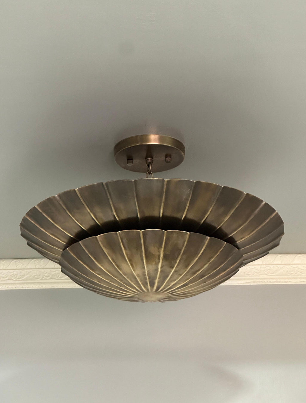 Double tier ribbed petal brass ceiling light