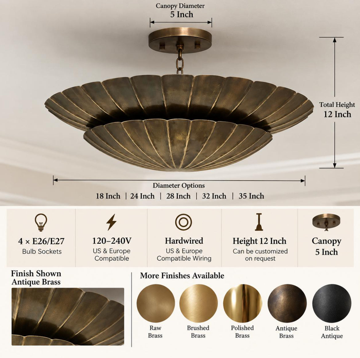 Antique brass lotus inspired semi flush mount ceiling light