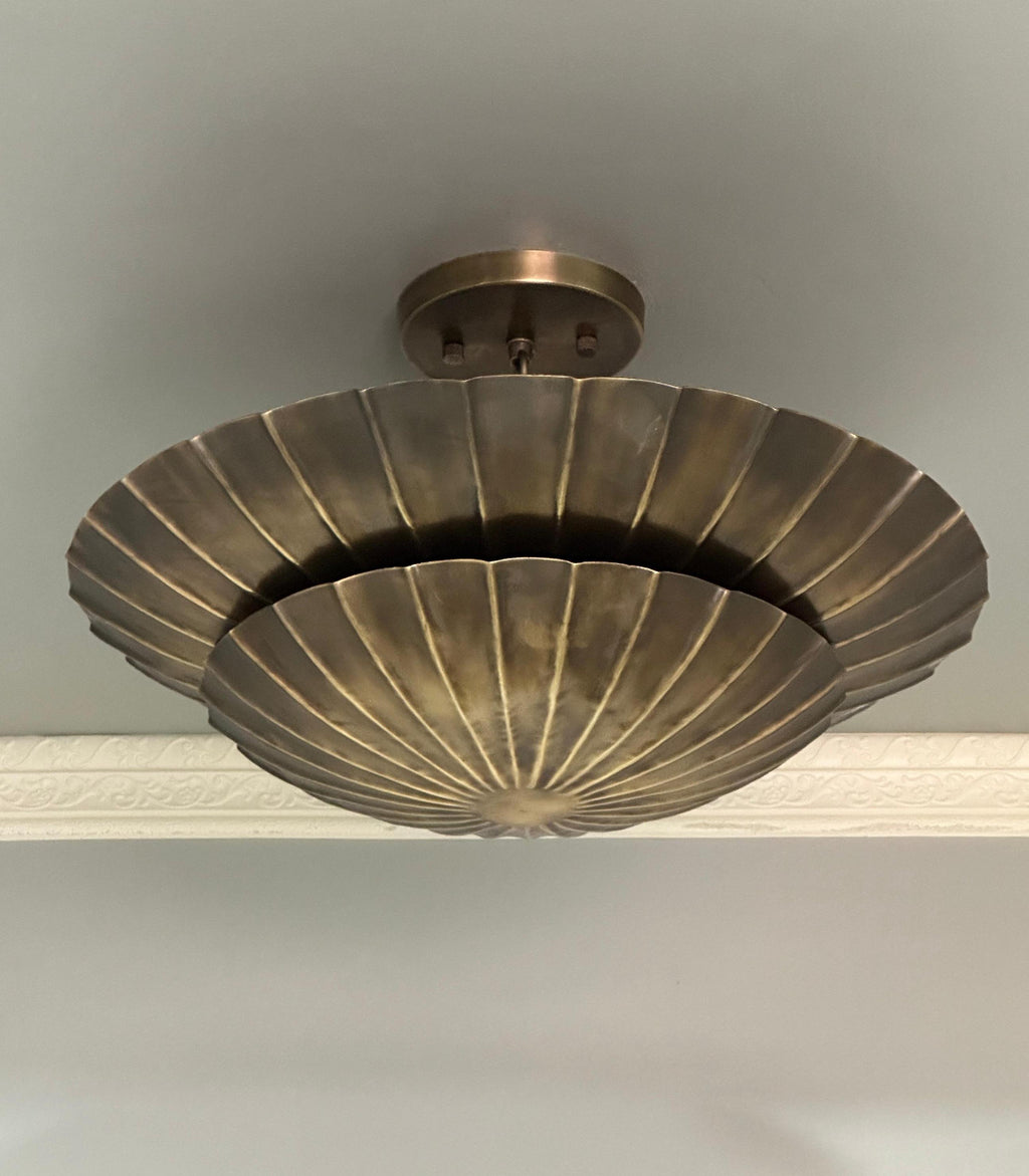Double bowl scalloped brass ceiling light