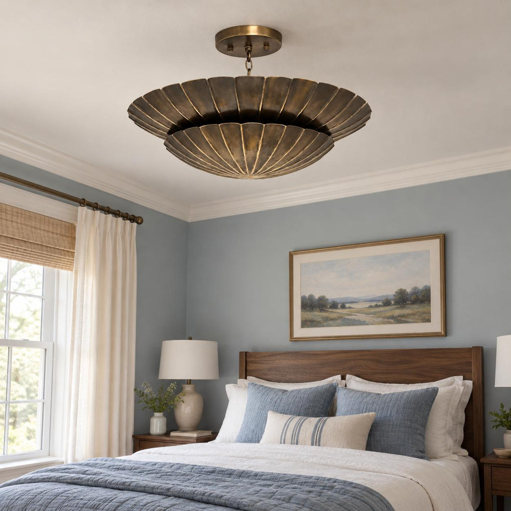 Antique Brass Double Scallop Semi Flush Mount Ceiling Light