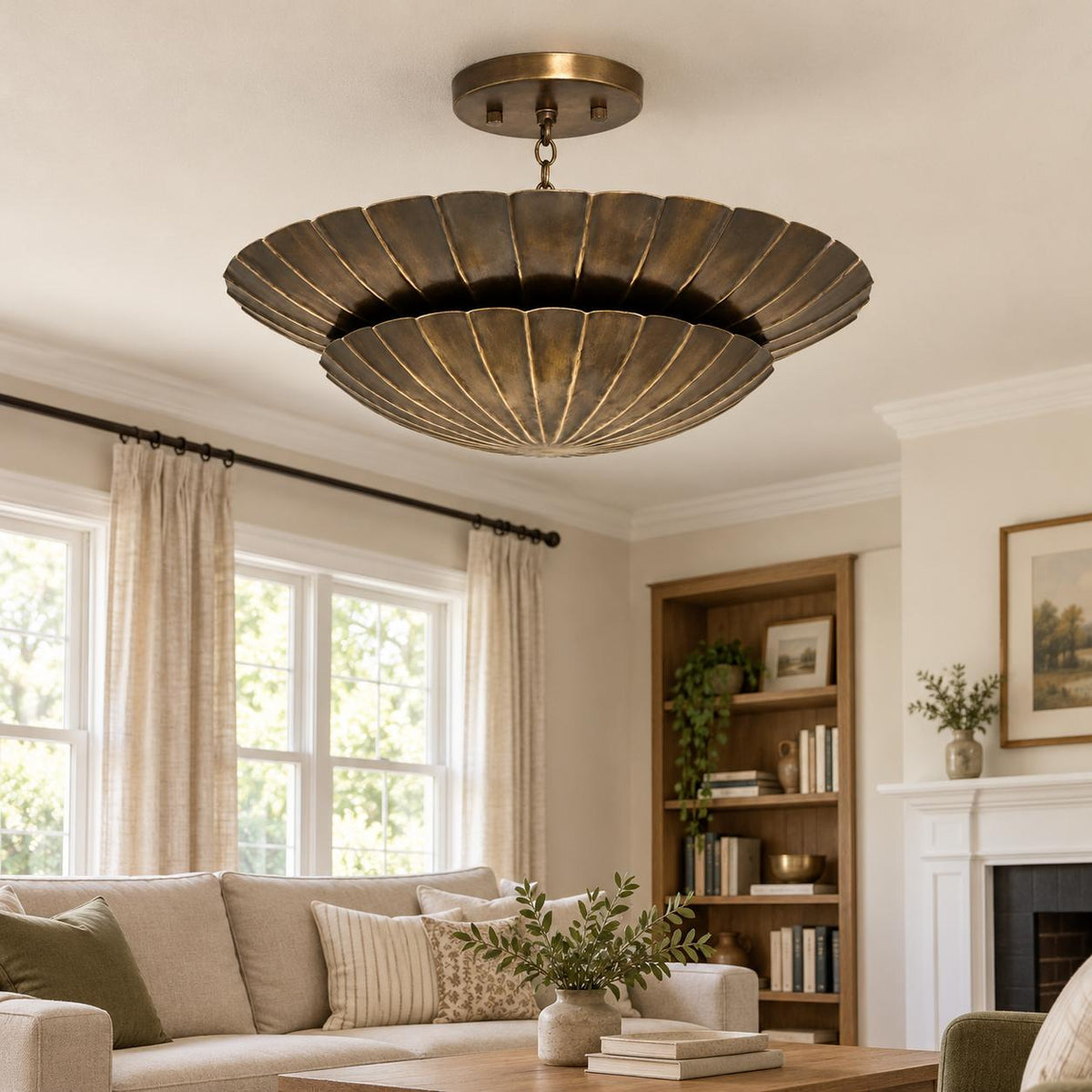 Antique Brass Double Scallop Semi Flush Mount Ceiling Light