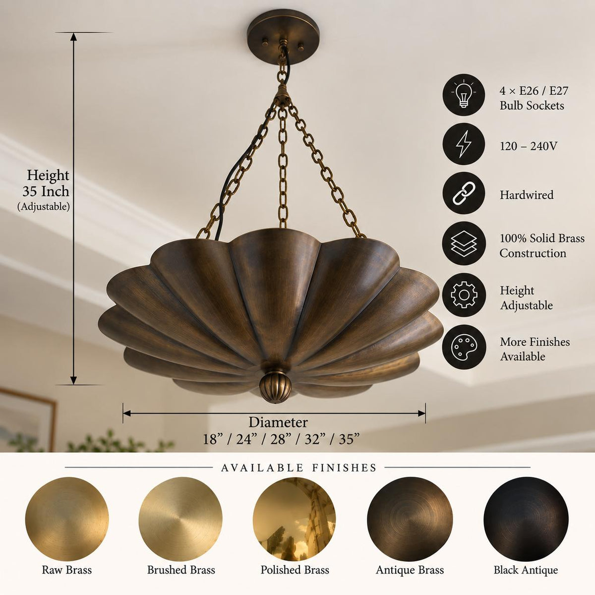 Antique Brass Flower Bowl Pendant Light