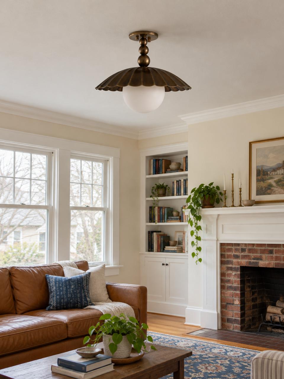 Scalloped Brass Semi Flush Mount With Milk Glass Globe