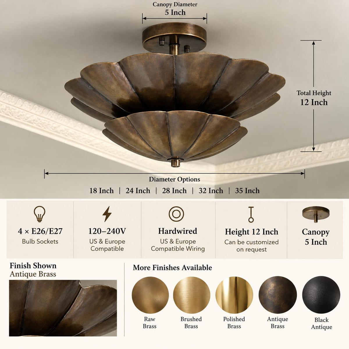 Handcrafted Brass Scalloped Flush Mount