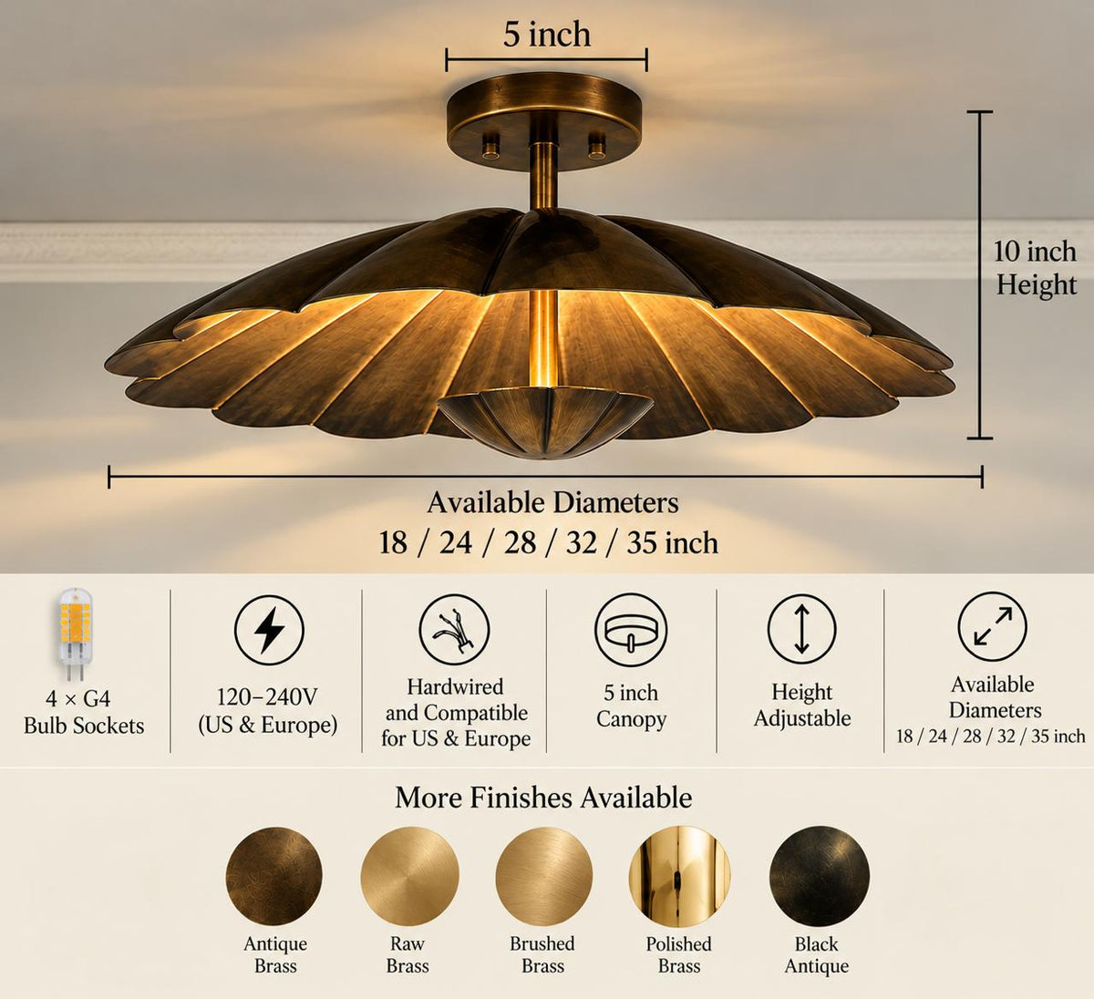 Vintage Brass Floral Semi Flush Mount Ceiling Light