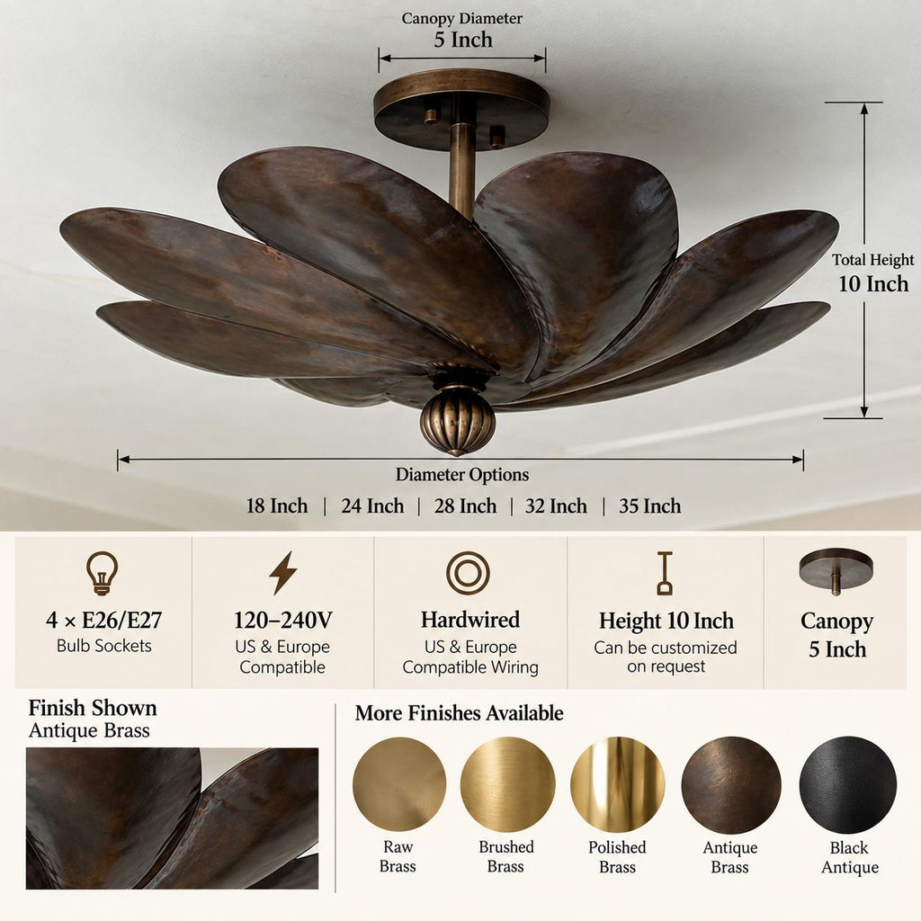 An overhead view of a flower-shaped ceiling light fixture with dimension labels, showing a canopy diameter of 5 inches, total height of 10 inches, and diameter options ranging from 18 to 35 inches. The fixture has antique brass-toned petals and is shown against a white ceiling.