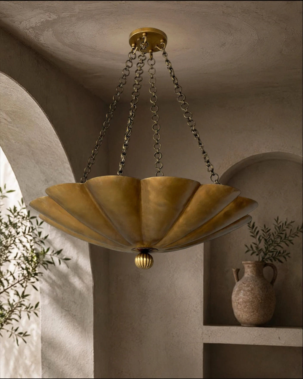 Raw Brass Scalloped Bowl Pendant Light