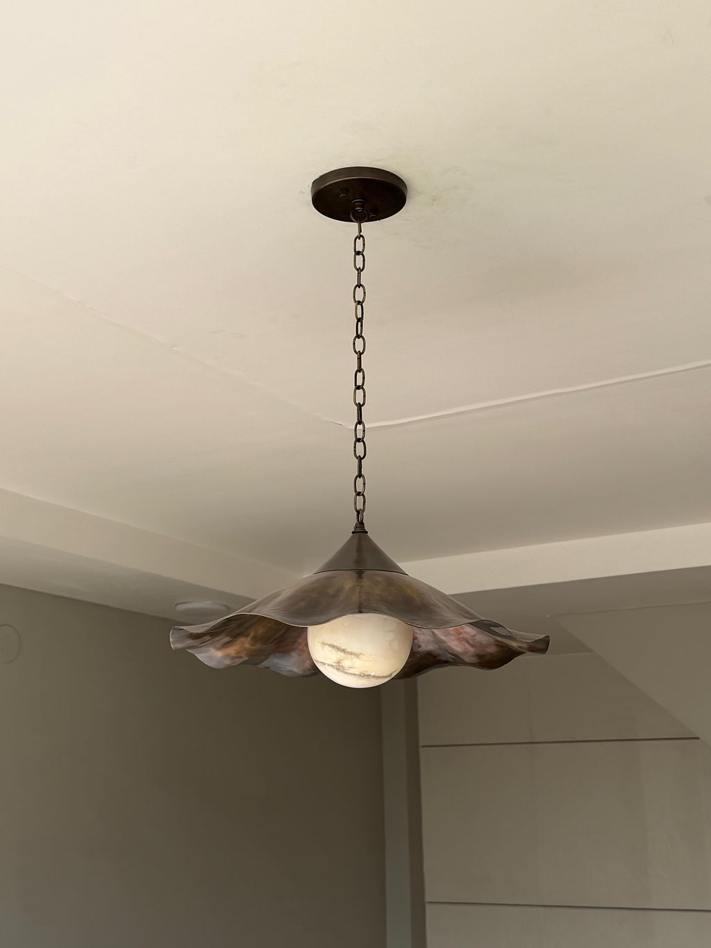Ruffled Brass Pendant with Alabaster Globe