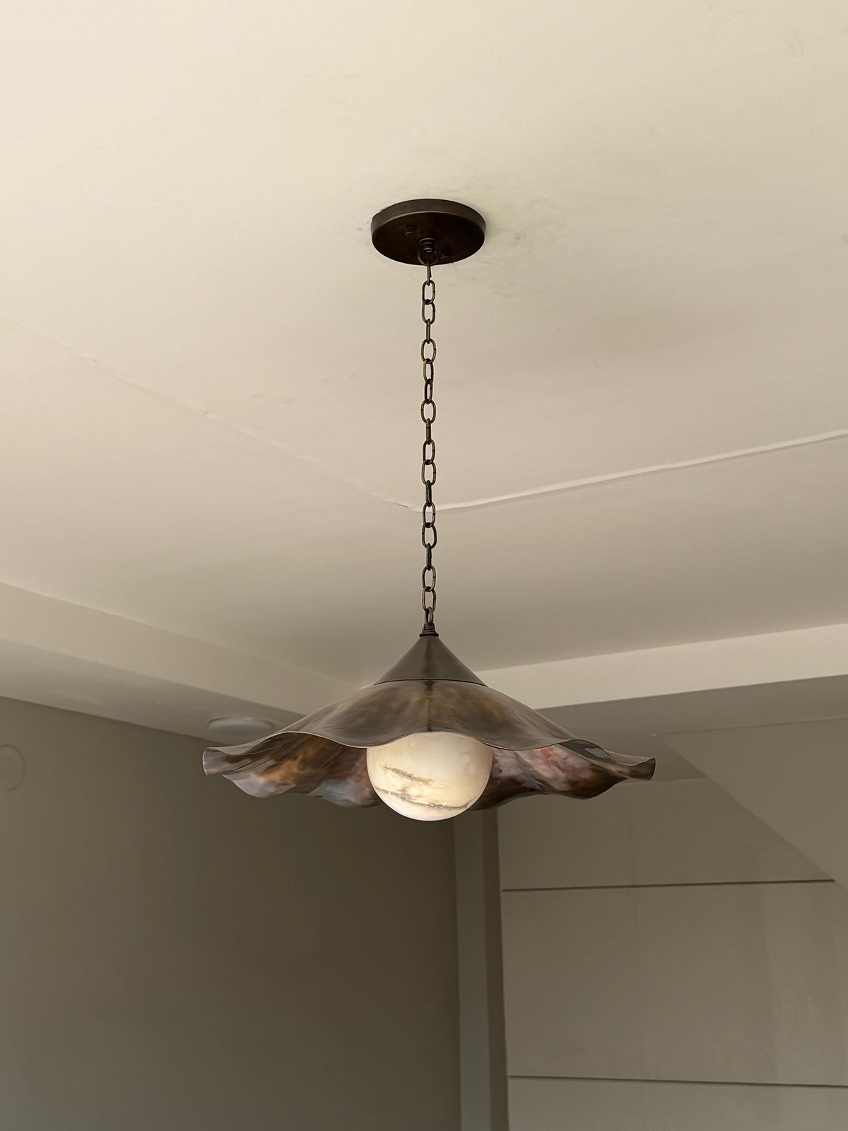 Ruffled Brass Pendant with Alabaster Globe