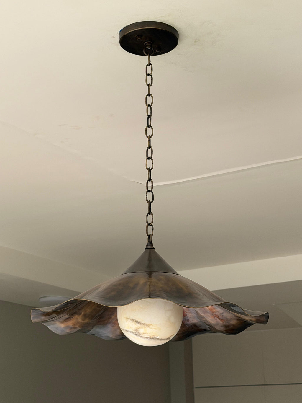 Ruffled Brass Pendant with Alabaster Globe