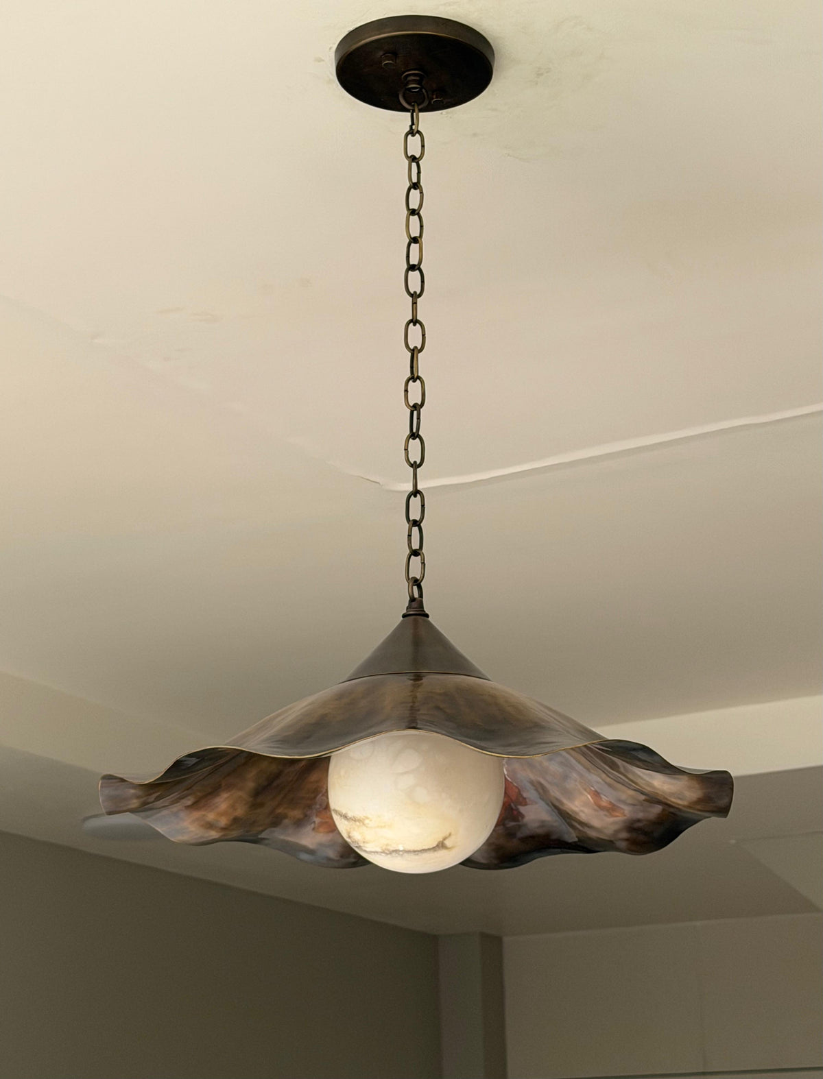 Ruffled Brass Pendant with Alabaster Globe
