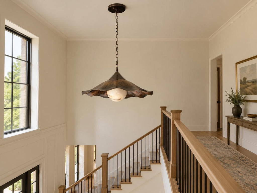 6. Scalloped flower pendant light in modern farmhouse stairway

