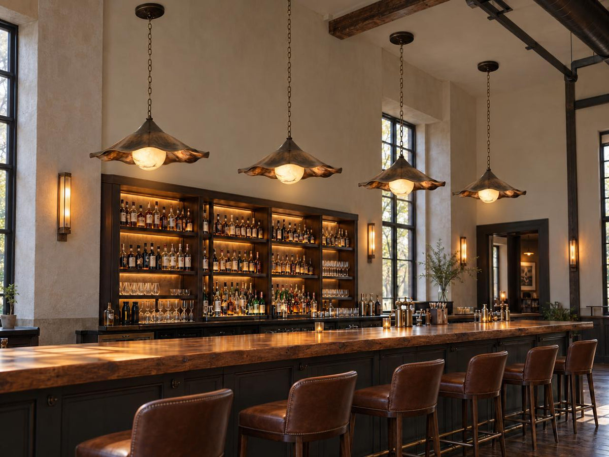 Ruffled Brass Pendant with Alabaster Globe