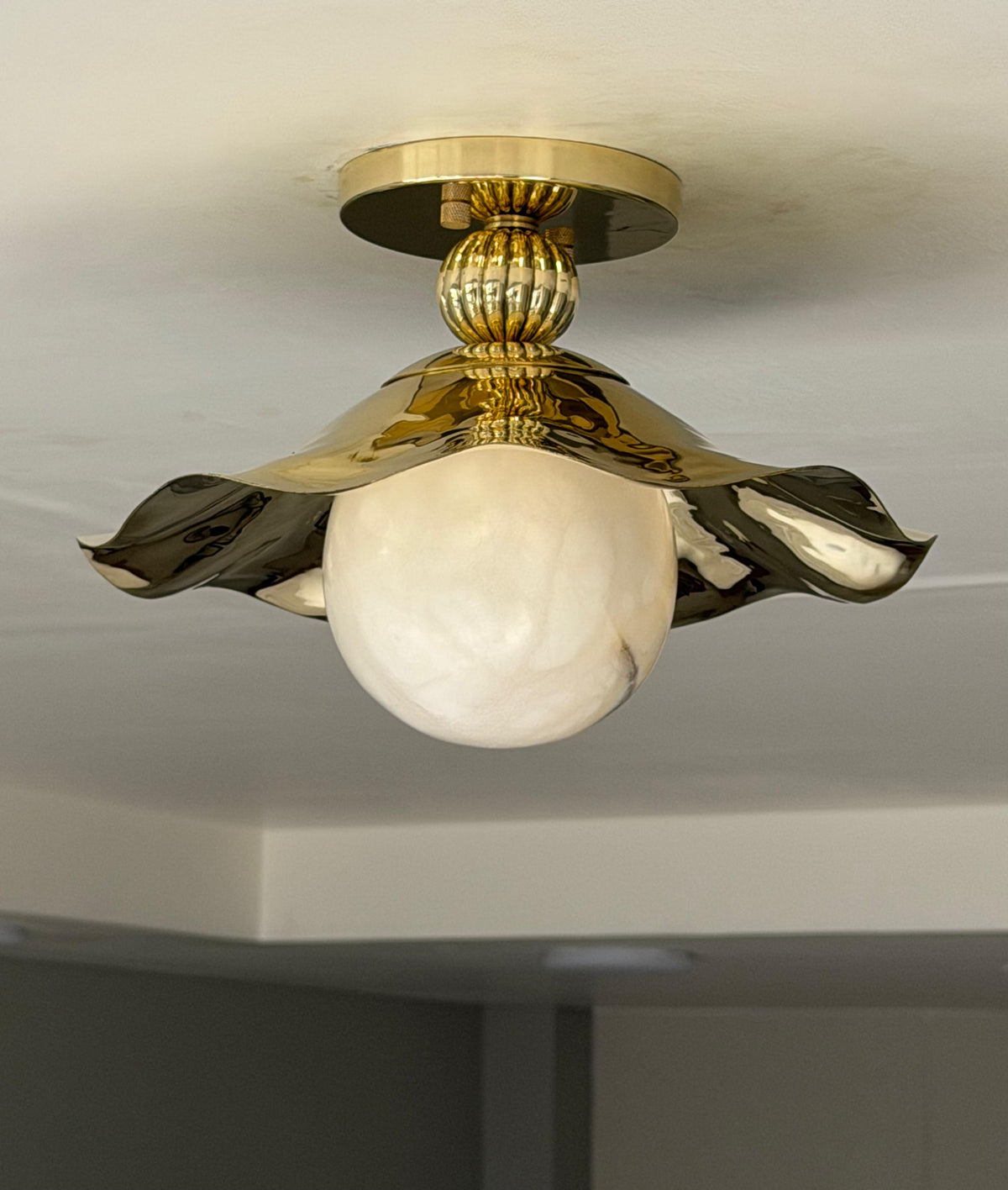 Evara - Ruffled Brass Flush Mount Light with Alabaster Globe