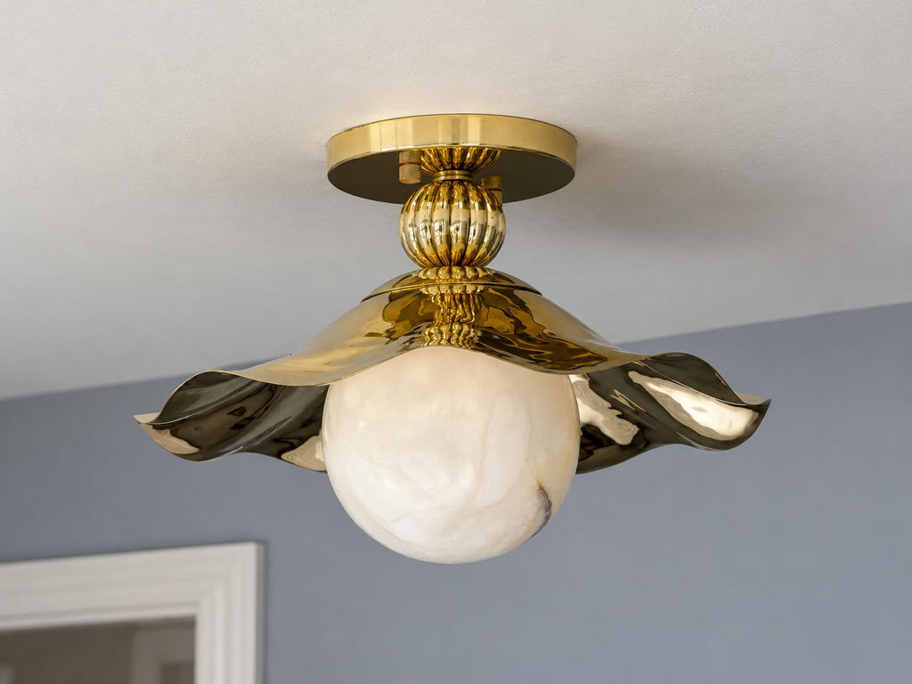 Gold brass ruffled flush mount ceiling light with alabaster globe and wavy flower shade