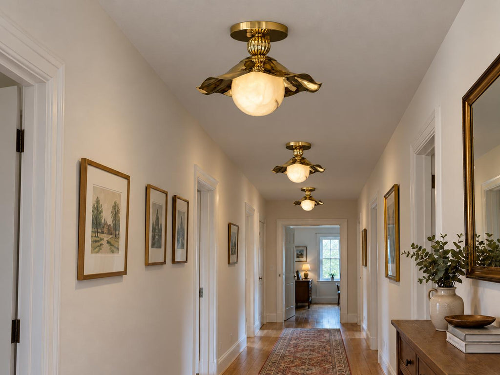 Modern brass ruffle flush mount ceiling light in art gallery hallway