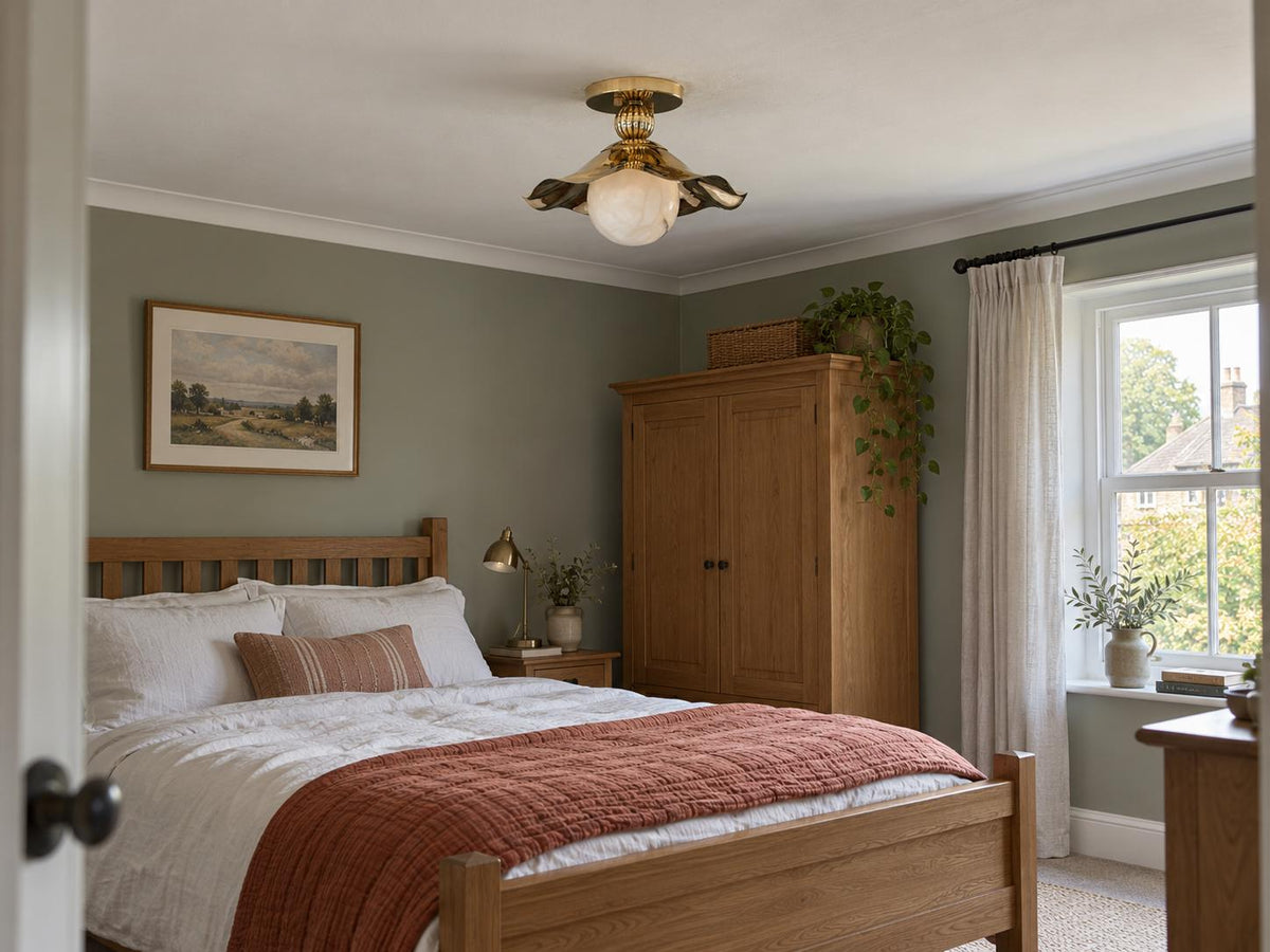 Evara - Ruffled Brass Flush Mount Light with Alabaster Globe