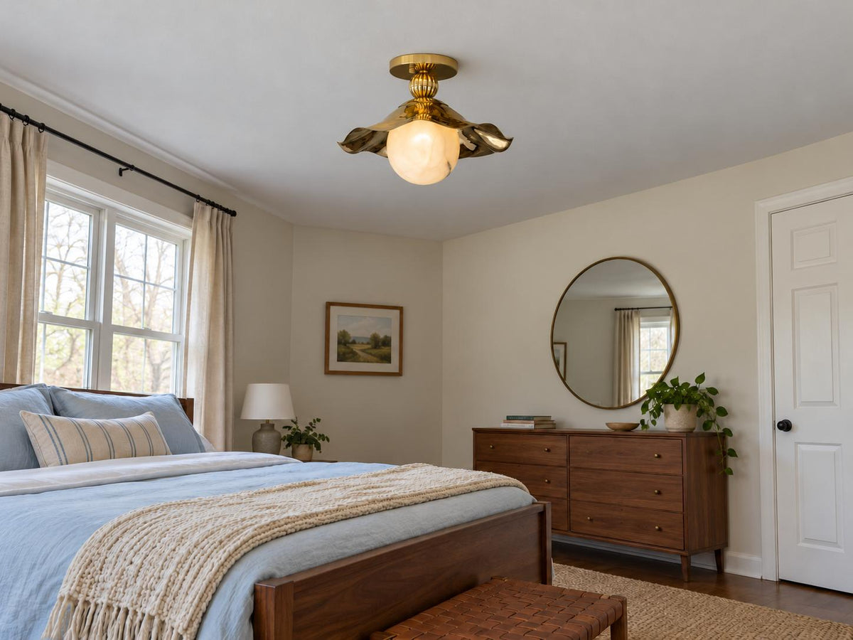 Evara - Ruffled Brass Flush Mount Light with Alabaster Globe