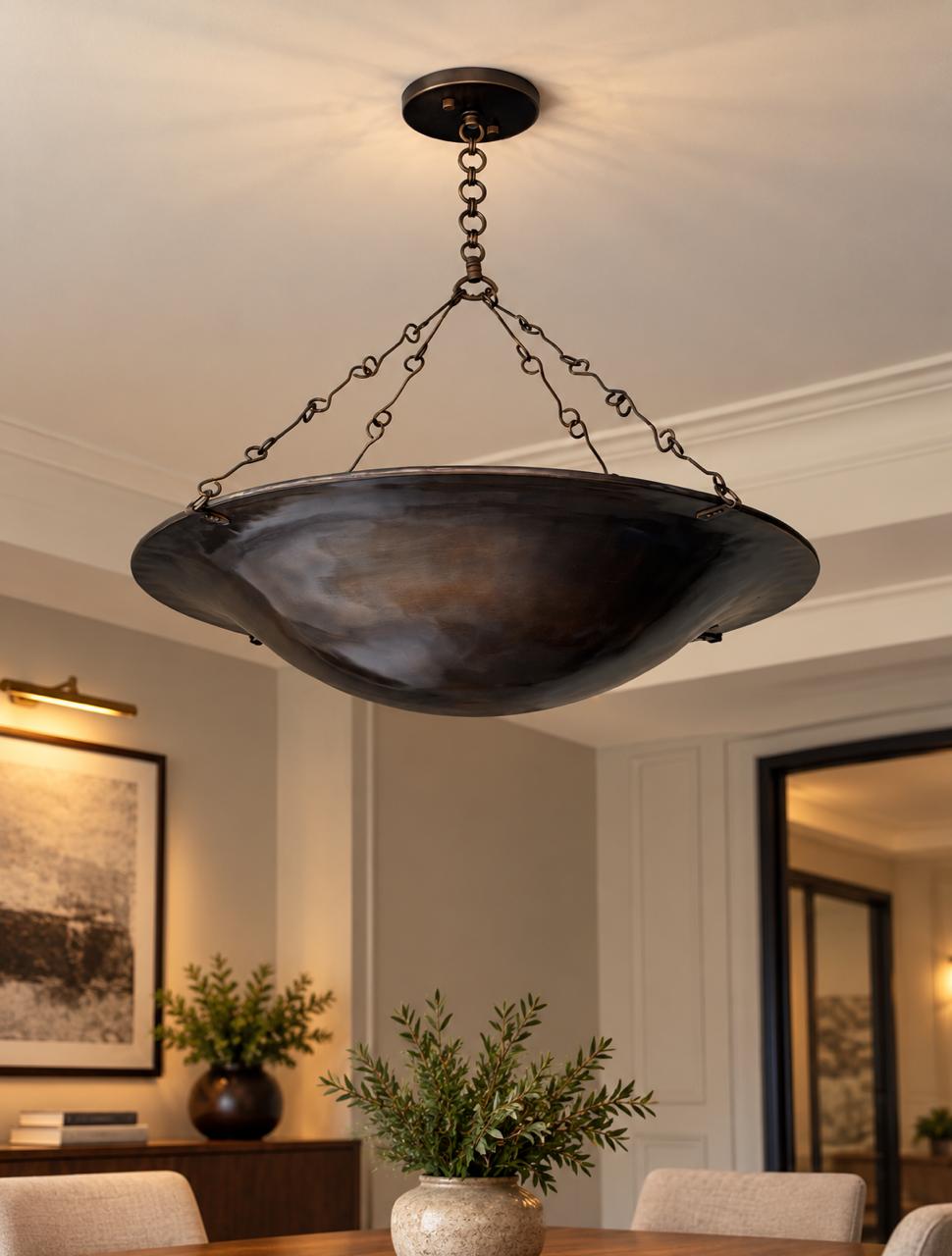 Handmade brass bowl chandelier – decorative chain detail
