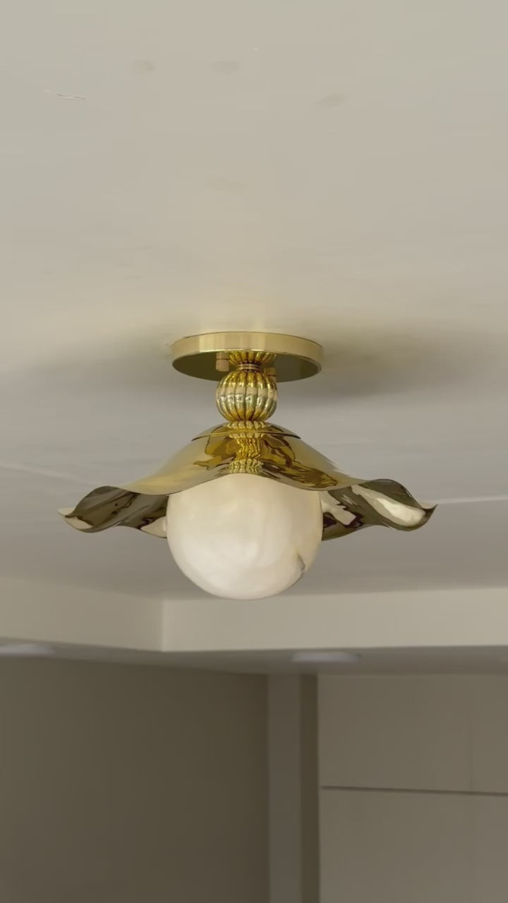 Evara - Ruffled Brass Flush Mount Light with Alabaster Globe